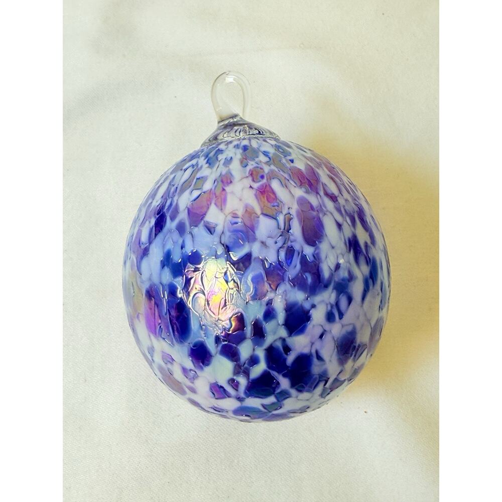 Hand Blown Iridescent Blue And White Speckled Glass Ornament - Picture 5 of 6